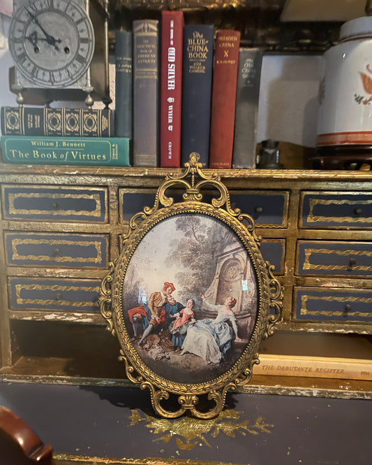 Vintage Italian Wall Art, French Scene Under Convex Glass with a Metal Frame