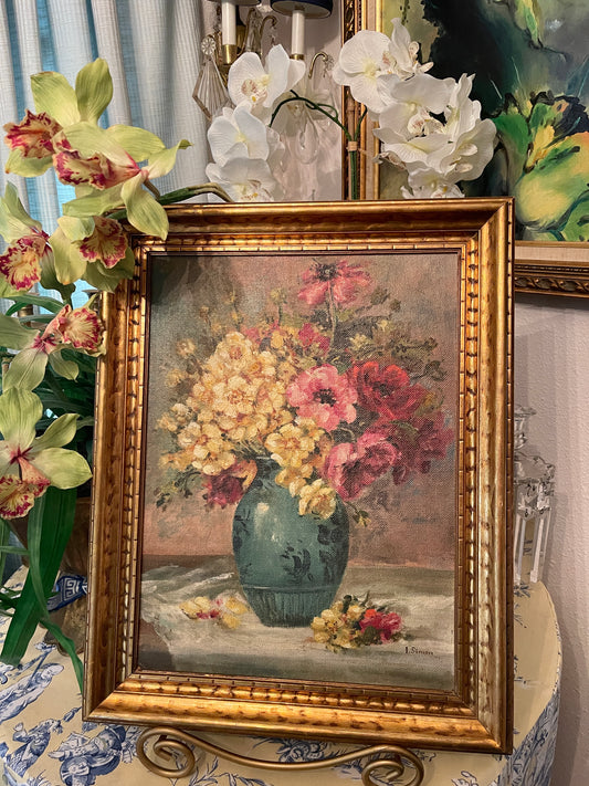 1920s Floral Still Life Painting, Blue Vase, Artist Signed