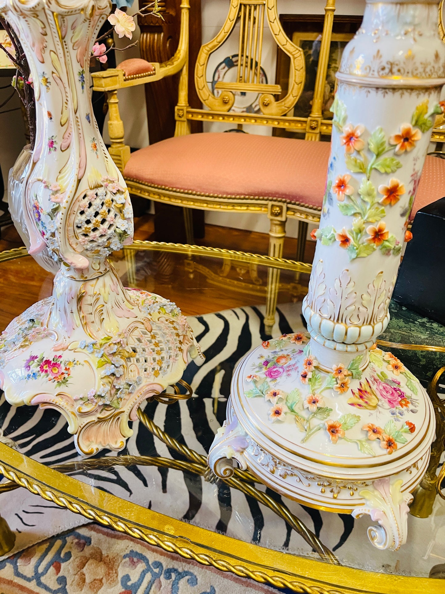 Pair of Monumental Vintage Porcelain Floral Lamps