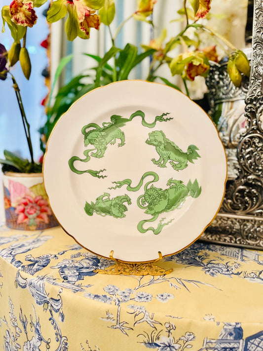 Rare Wedgwood Chinese Lions Plate, Green Foo Dogs, Gold Rim, Bone China