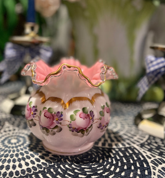 Vintage Fenton Charleton Roses Peach (Pink) Crest Melon Milk Glass Vase, Hand Painted