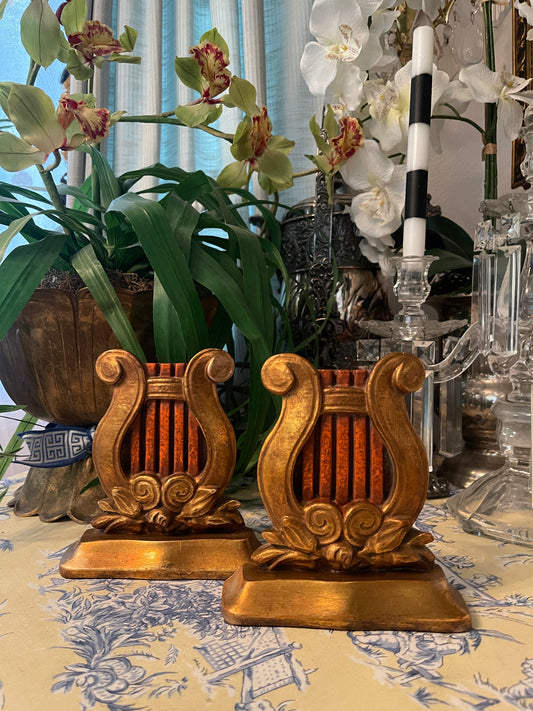 Pair of Vintage Borghese Gilt Lyre Bookends – Italian Hollywood Regency with Classical Flair