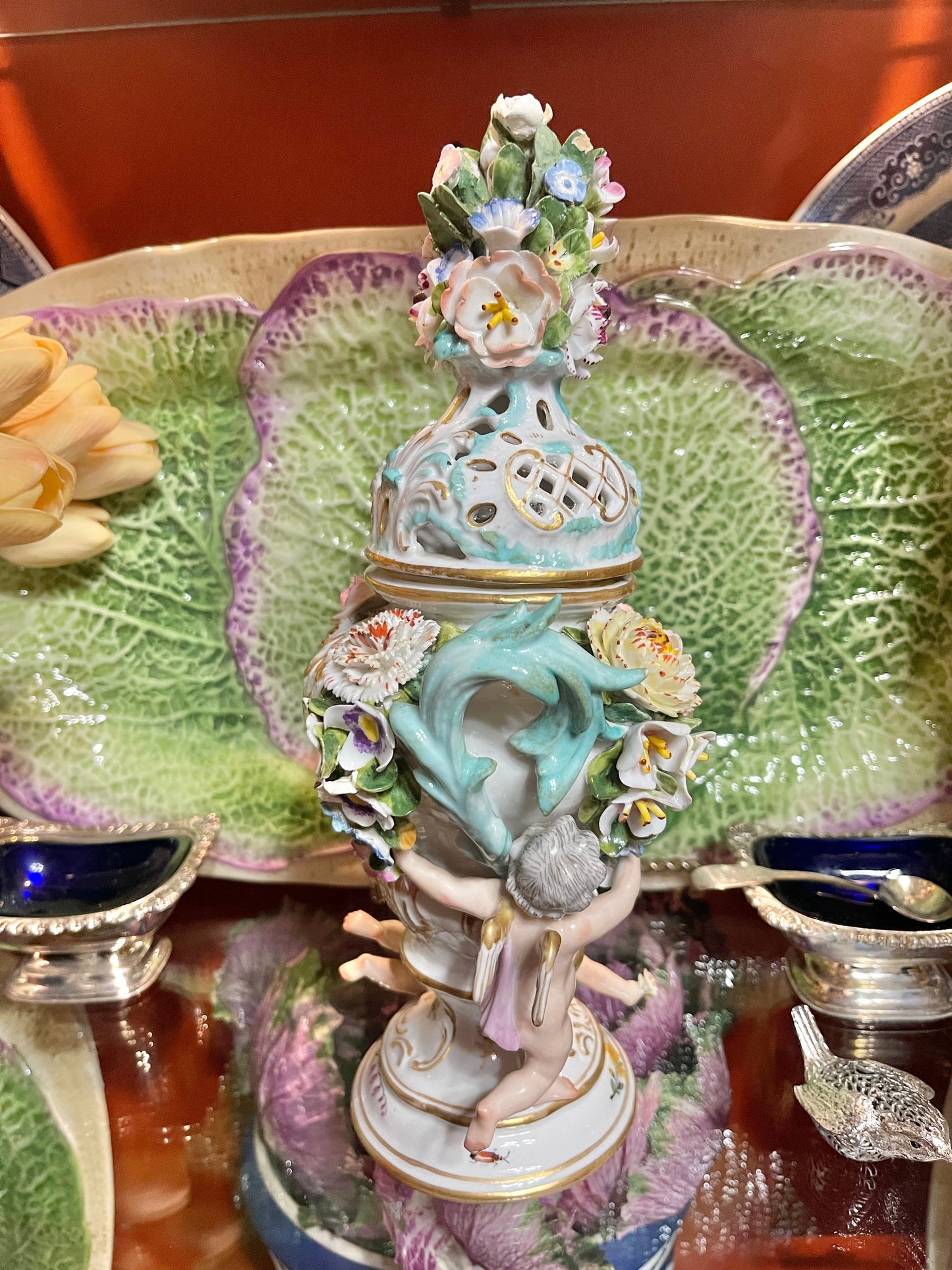 Antique Meissen Potpourri Urn with Cherubs | Bird Scene Porcelain | Floral Encrusted | 11.5”