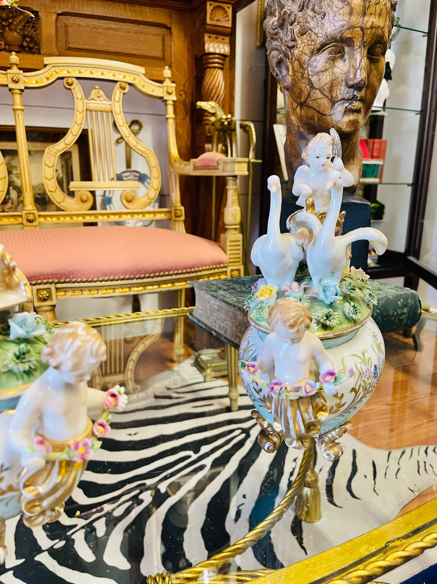 Pair of Vintage Italian Porcelain Cherub Terrines with Swan Chariots