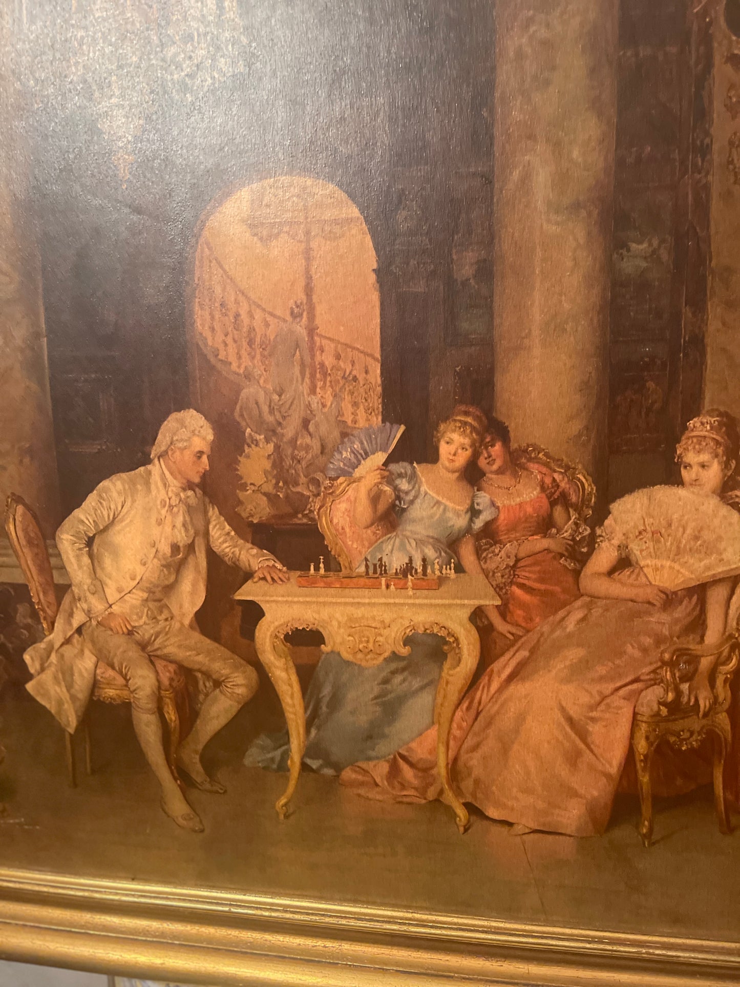 The Chess Game by Francesco Beda, Lithograph on Board, Gilded Wood Frame