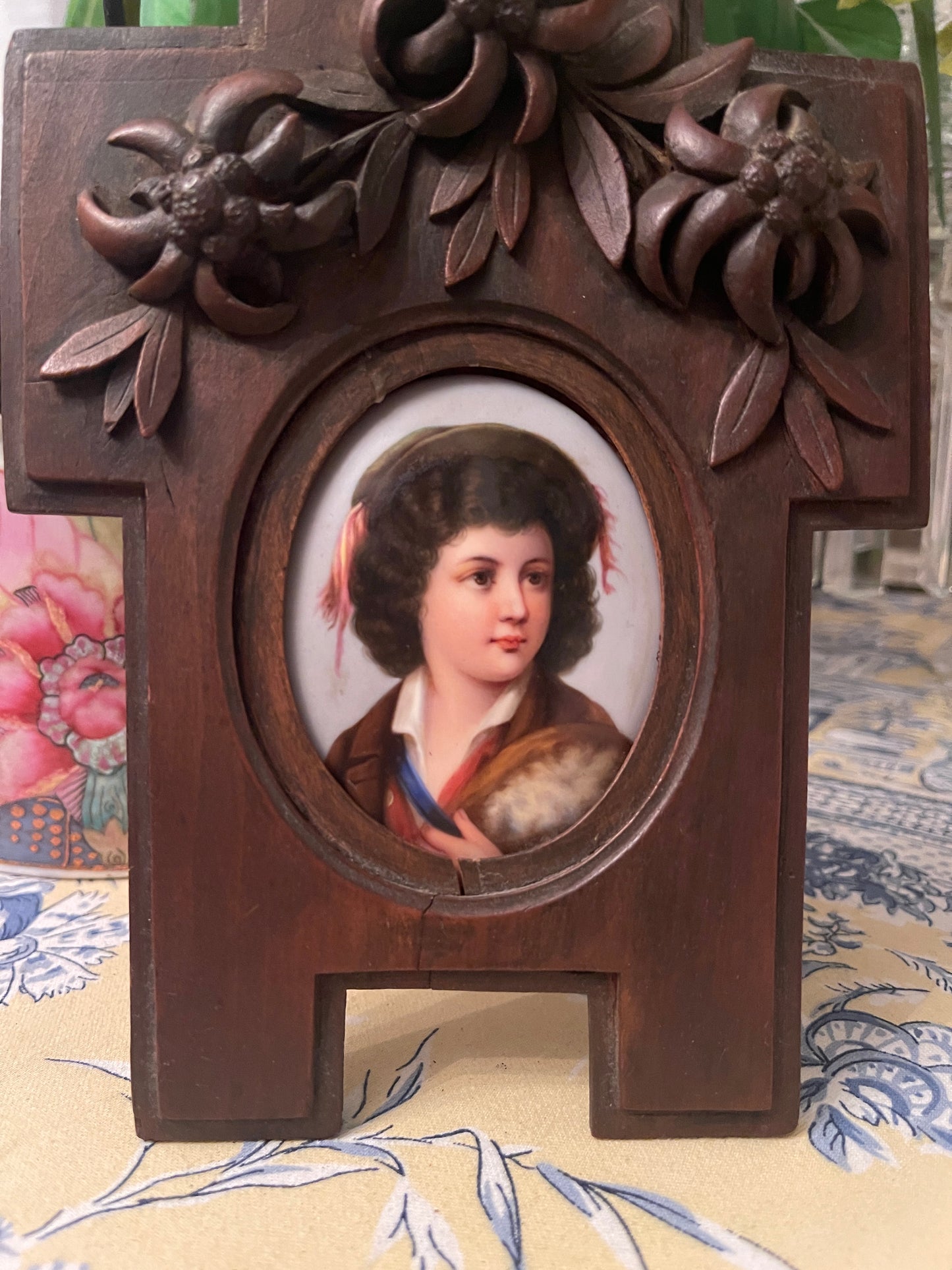 Pair of Antique Porcelain Portraits, Ornate German Black Forest Wood Frame, Black Forest Wood Carved Frame German Antique
