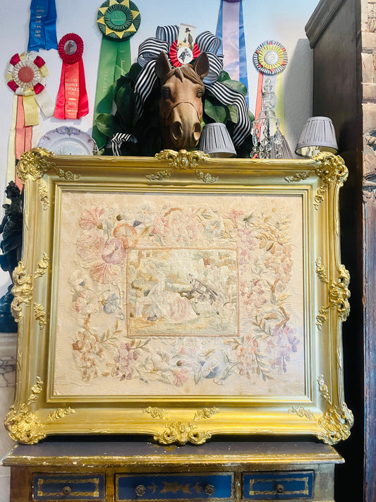 Antique Silk Embroidery in Ornate Gilded Frame – Pastoral Scene with Floral Damask | French Needlework Wall Art