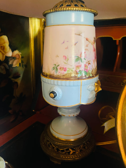 Antique French Sevres Style Porcelain Lamp – Hand-Painted Romantic Scene & Gilt Accents