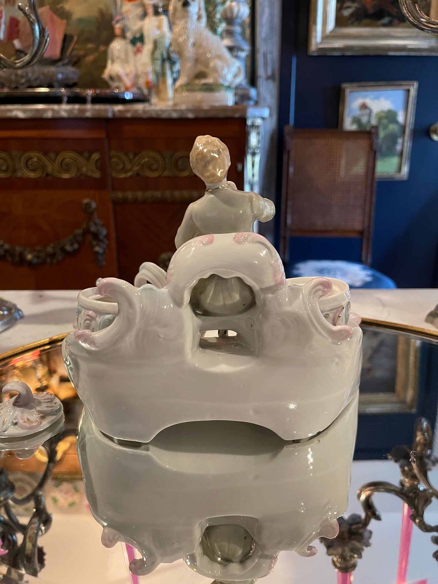 French Rococo-Style Porcelain Figural Inkwell with Lidded Inkwells