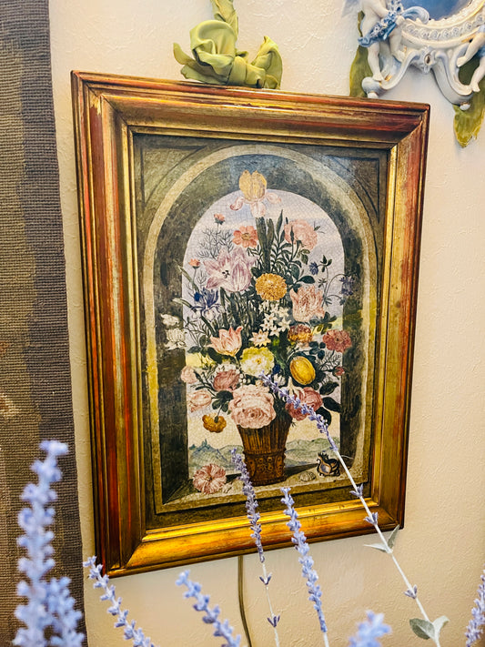Vintage Framed Floral Still Life on Porcelain Tile with Shell Motif in Italian Giltwood Frame, After Ambrosius Bosschaert the Elder (Dutch, 1573-1621)