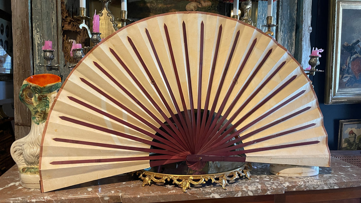 Vintage Chinoiserie Paper Wall Fan with White Egret & Botanical Design | 37” Wide