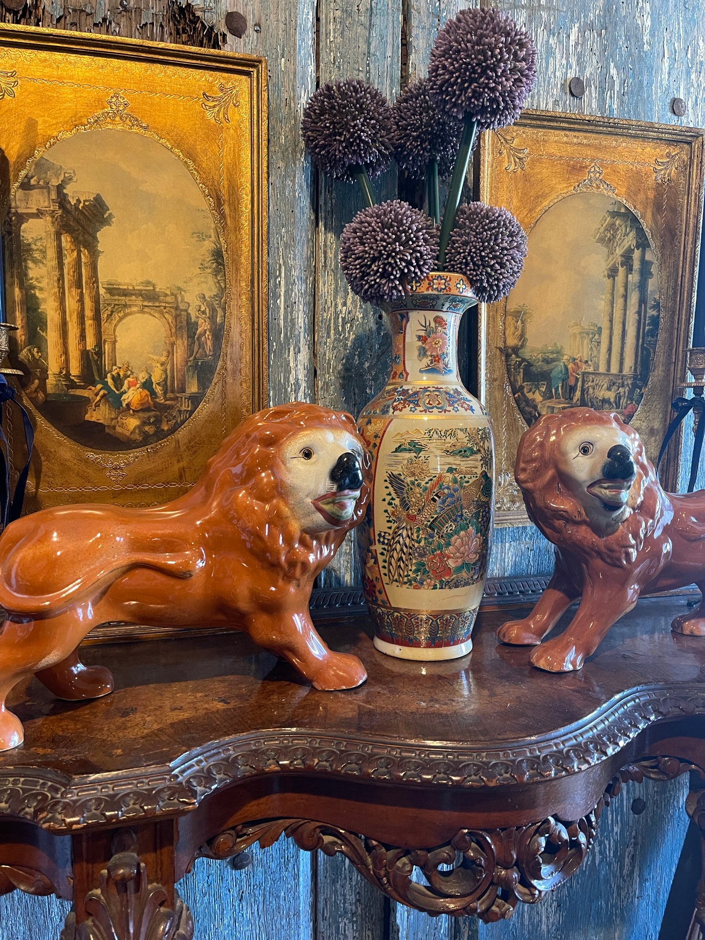 Antique Reticulated Staffordshire Lions, Estate Decor