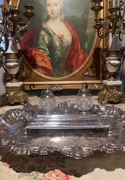 Classic Silver Plate and Cut Crystal Ink Well, Estate Decor