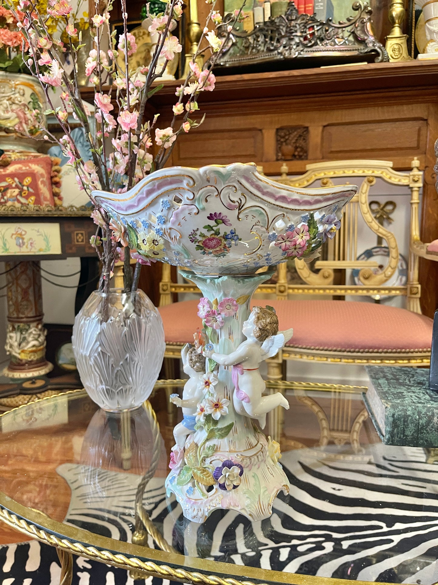 Antique Dresden Sitzendorf Figural Compote | 14” Rococo Cherub Centerpiece with Applied Flowers | c. 1900