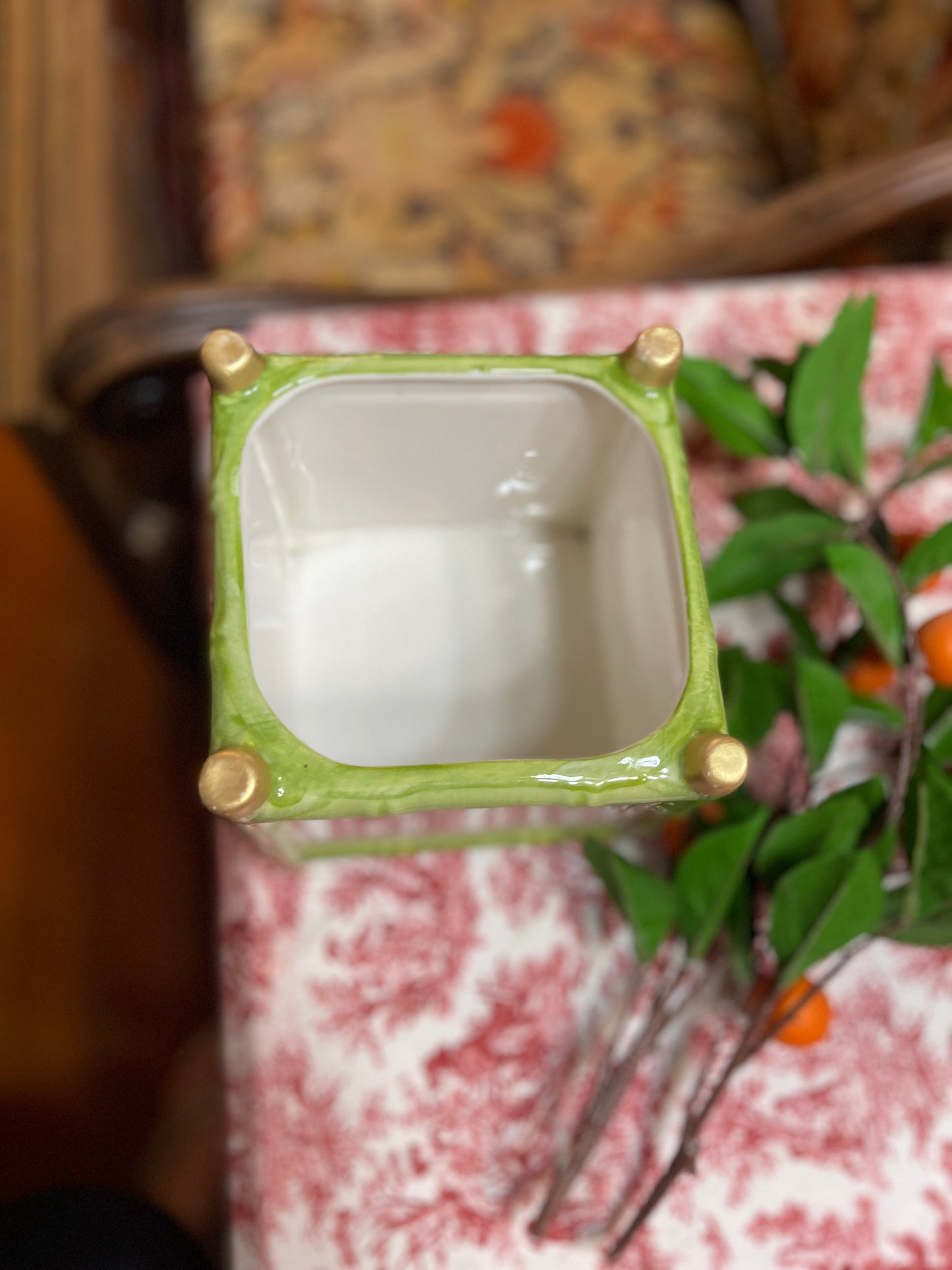Vintage Portuguese Faux Bamboo Cachepot Planter | Green & Gold Chinoiserie Jardinière