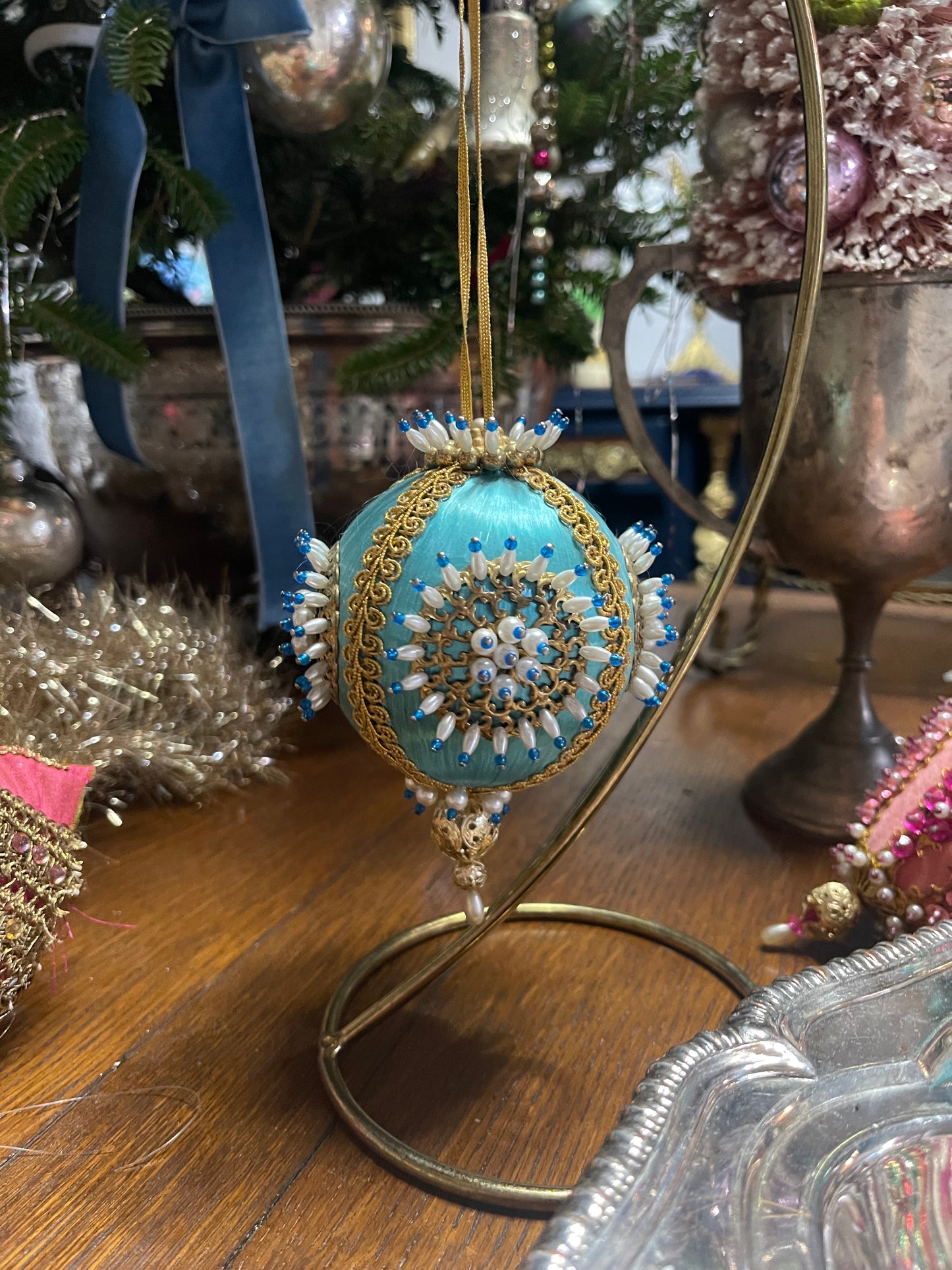 Blue and Gold Vintage Push Pin Christmas Ornament