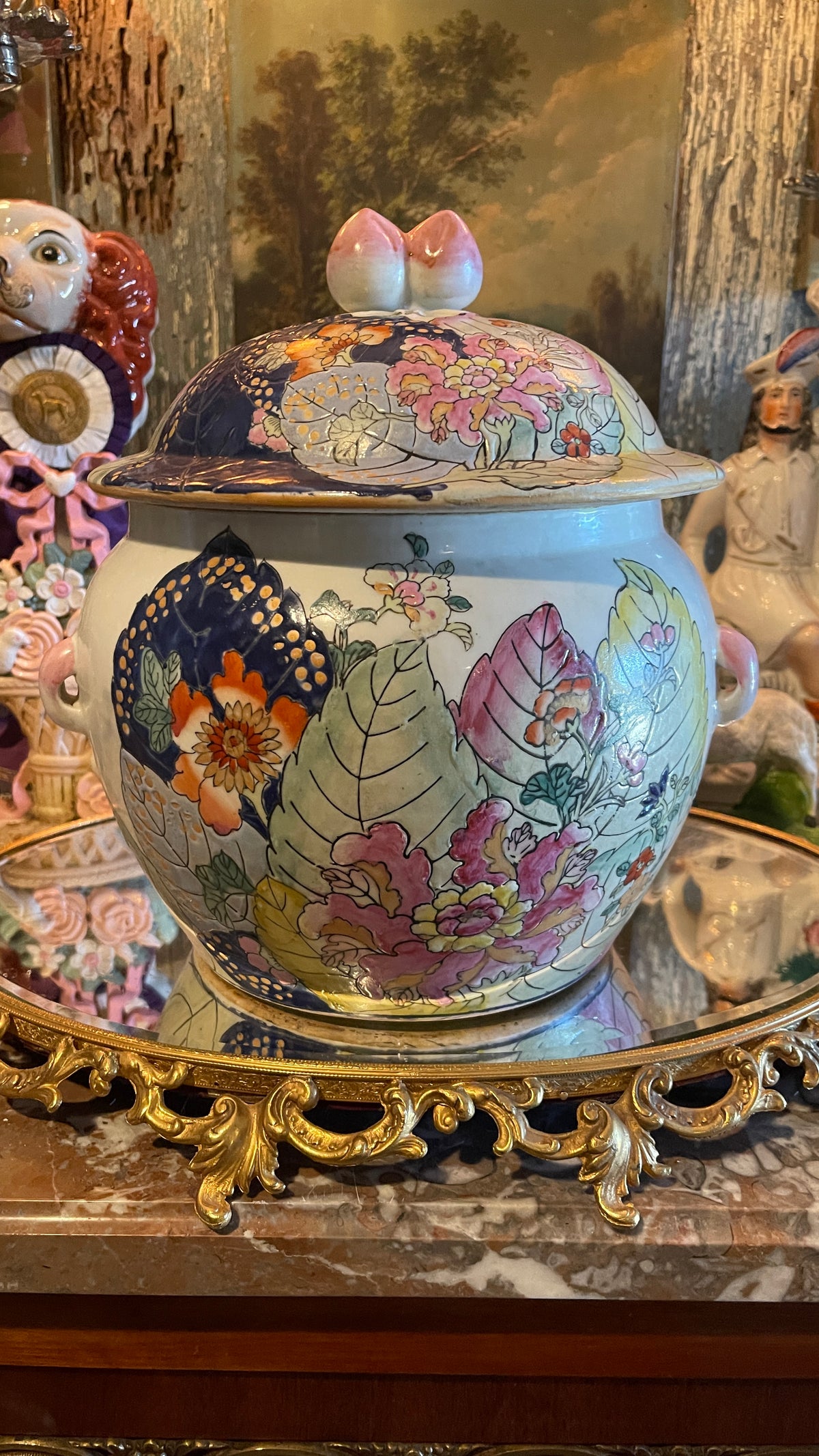 Vintage Tobacco Leaf Covered Jar with Peach Finial & Pink Handles | 11” Tall