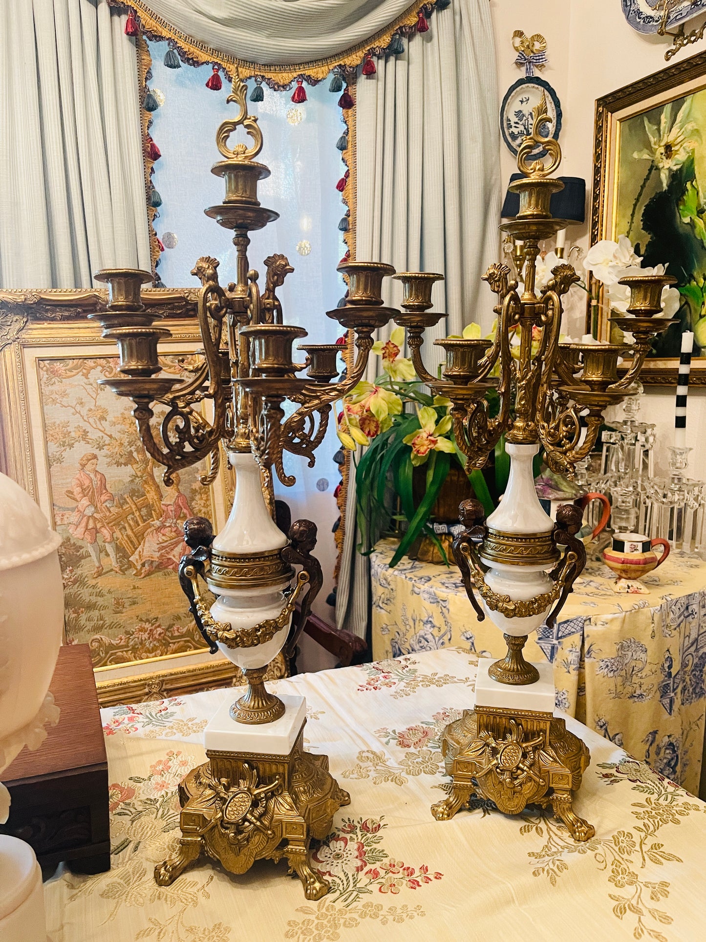 Italian Gilt and Cherub and Acanthus Alabaster Marble and Bronze Candelabras, Pair,