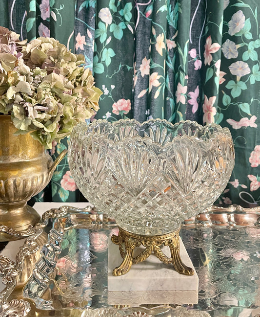 Cut Crystal and Ormolu Neoclassical Empire Compote with Shell Detail on Italian Marble Base, Vintage Estate Decor