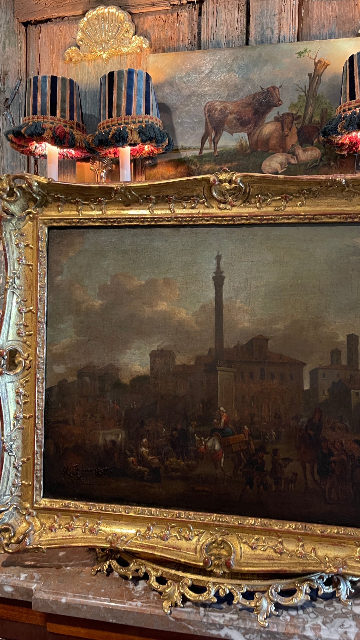 19th-Century European Oil Painting of Market Scene, Florence in an Exceptional Barbizon Frame
