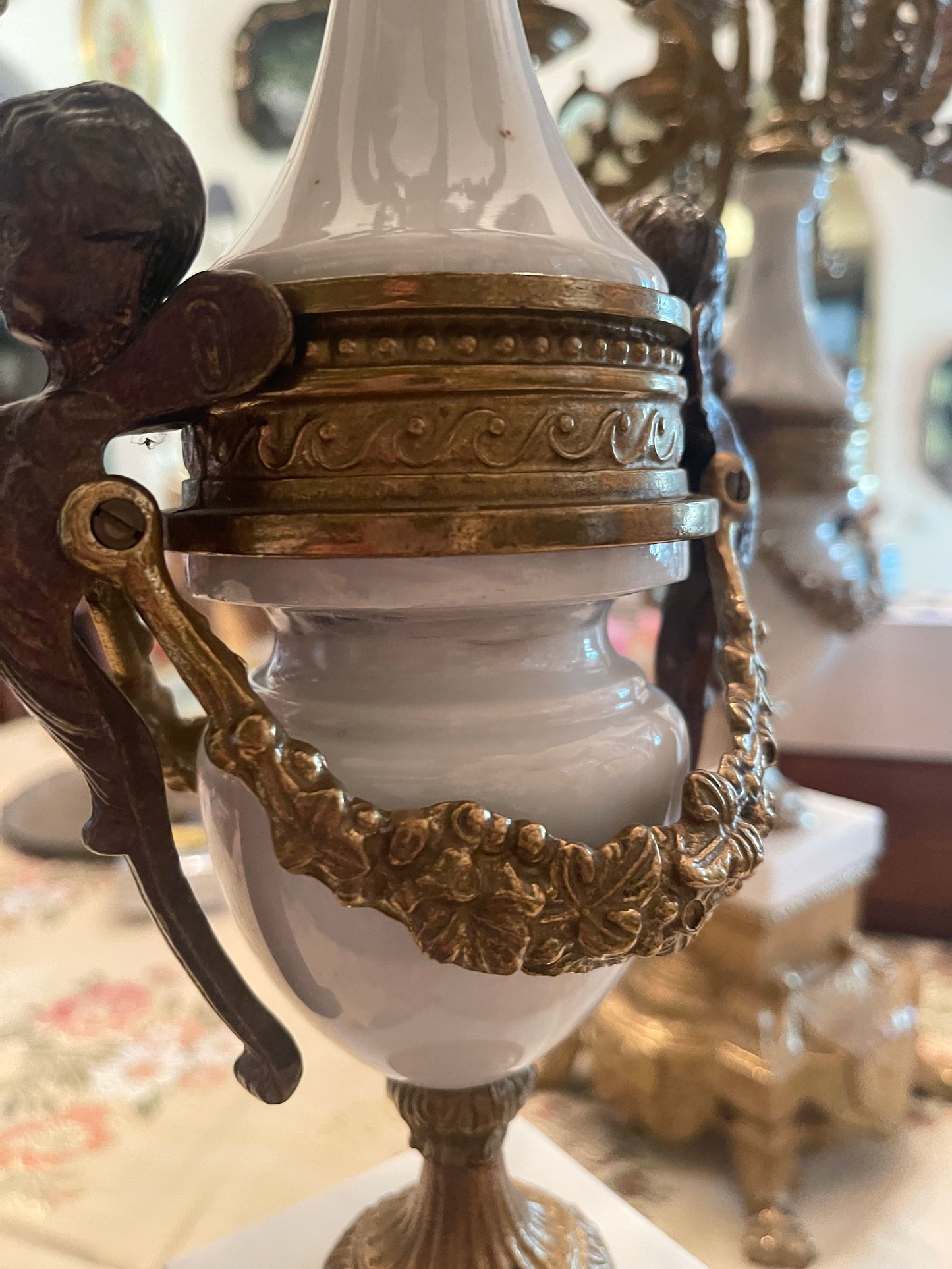 Italian Gilt and Cherub and Acanthus Alabaster Marble and Bronze Candelabras, Pair,