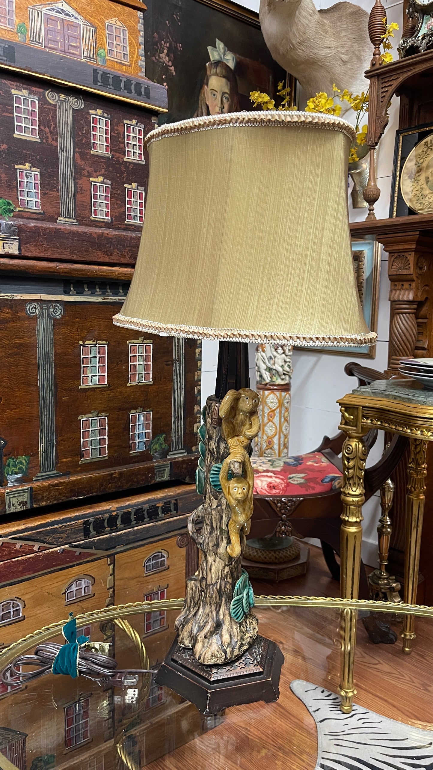 Vintage Majolica-Style Three Climbing Monkeys Lamp |