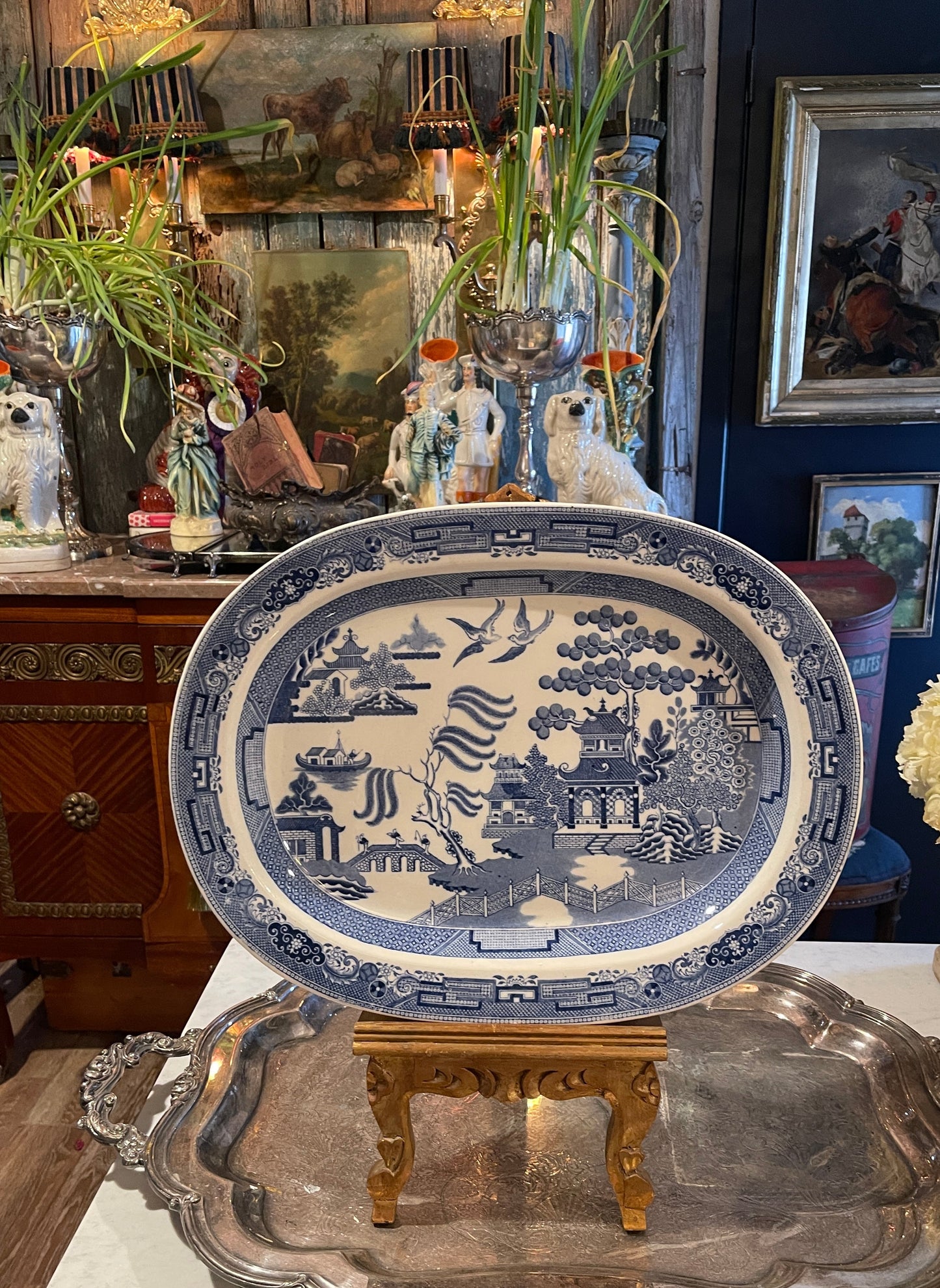 Wedgwood Blue Willow Platter Table with Vintage Faux-Bamboo Base, Chinoiserie Decor
