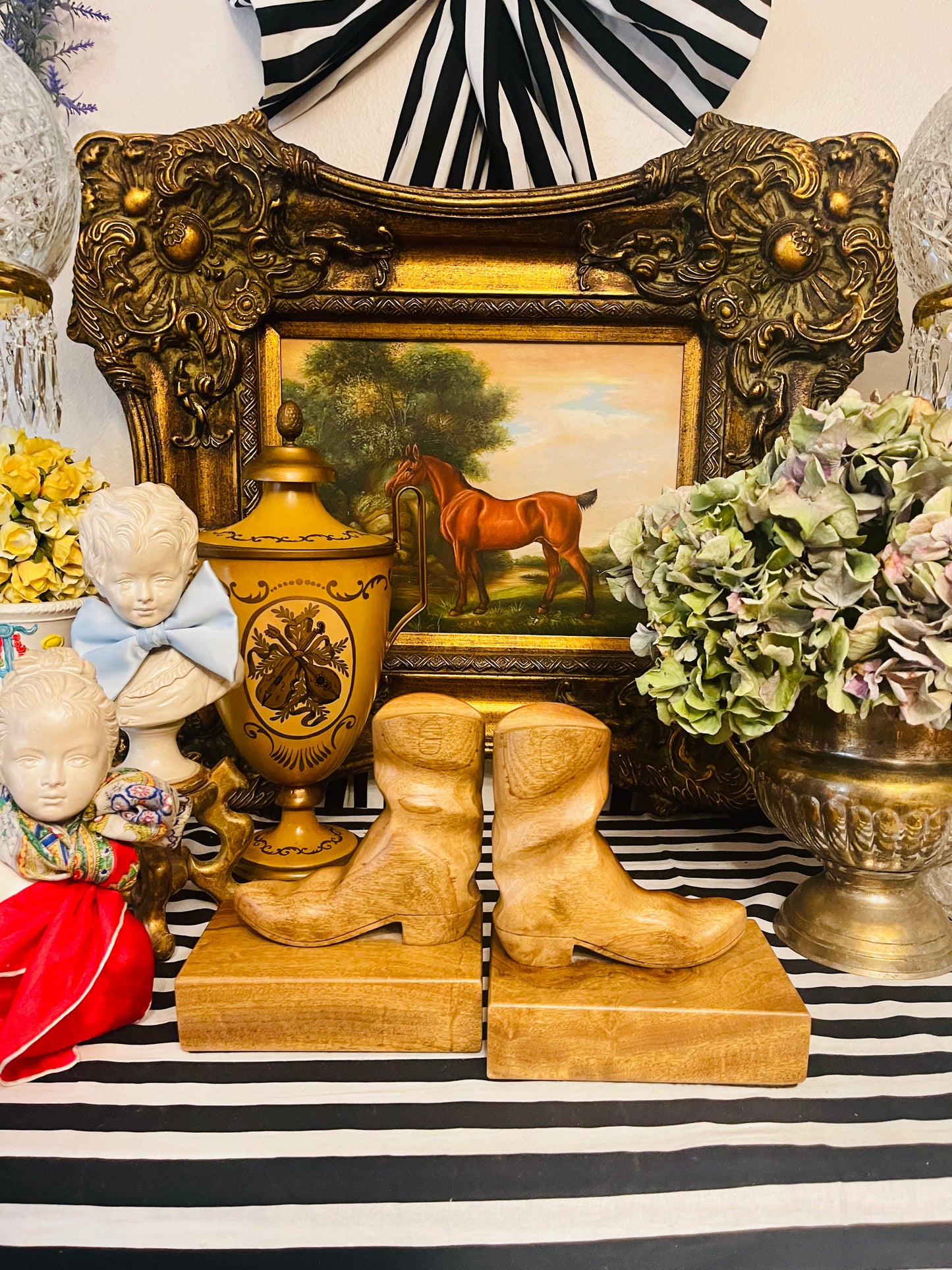 Vintage Carved Myrtlewood Cowboy Boot Bookends on Wood Base