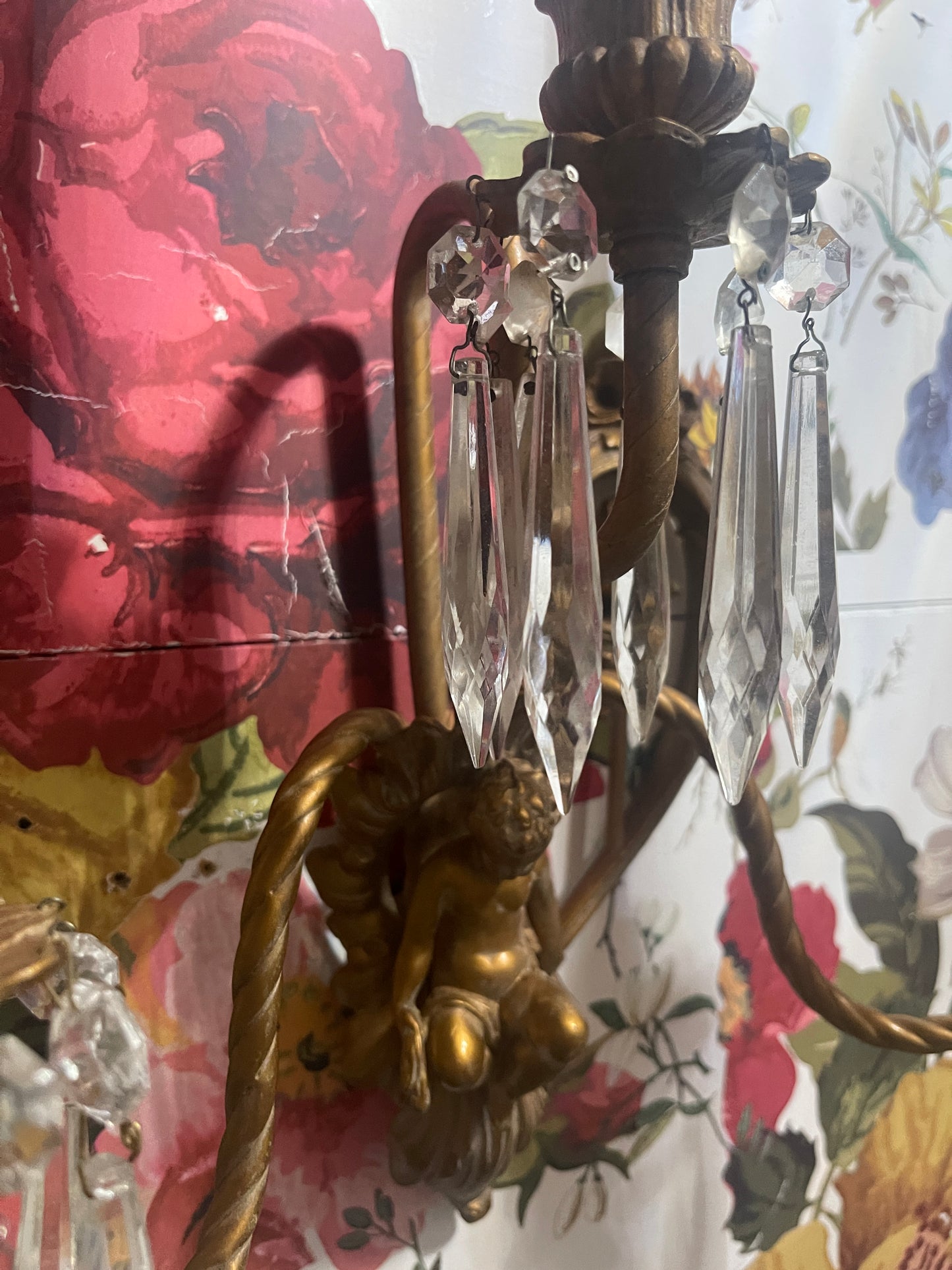Antique Victorian Putti Wall Sconces With Crystal Prisms — Ornate Brass Cherub Candle Sconces (Pair)