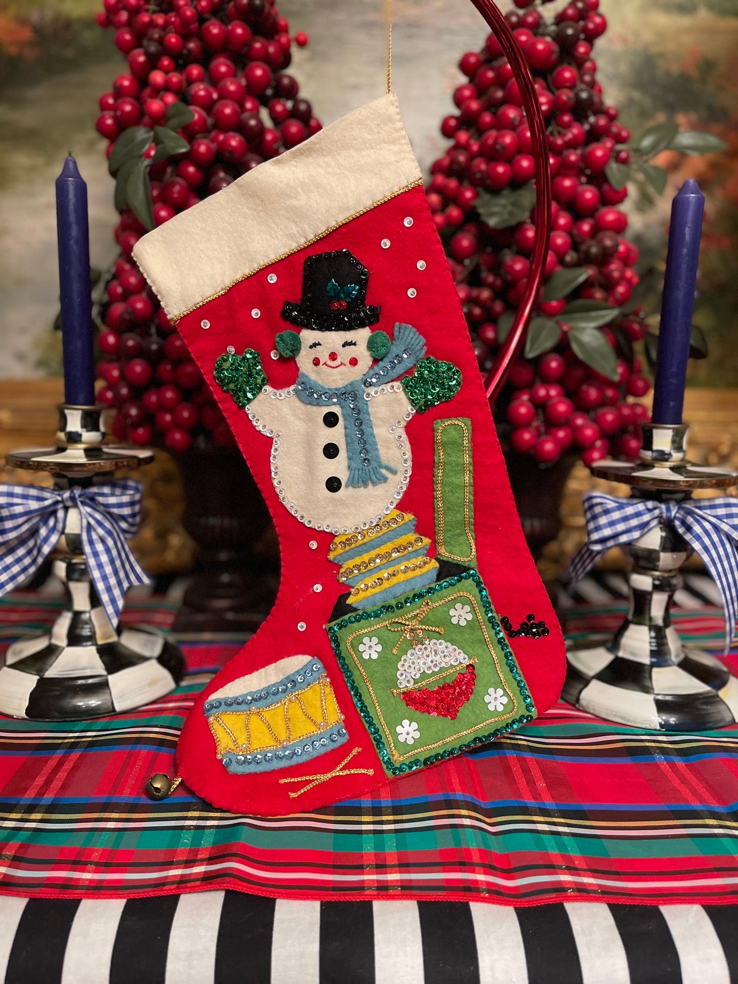 Vintage Felt Christmas Stocking with Snowman, Sequin Detail