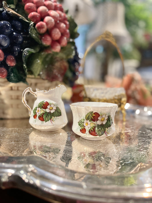 Vintage Strawberry Ripe Hammersley Creamer and Sugar Bowl, Bone China, Made in England