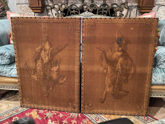 19th Century French Game Tapestries Mounted on Wood with Antique Upholstery Nail Head Trim - FANTASTIC!