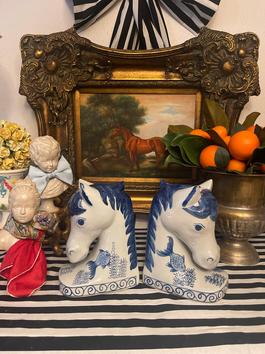 Blue and White Chinoiserie Horse Head Bookends, Large, Vintage