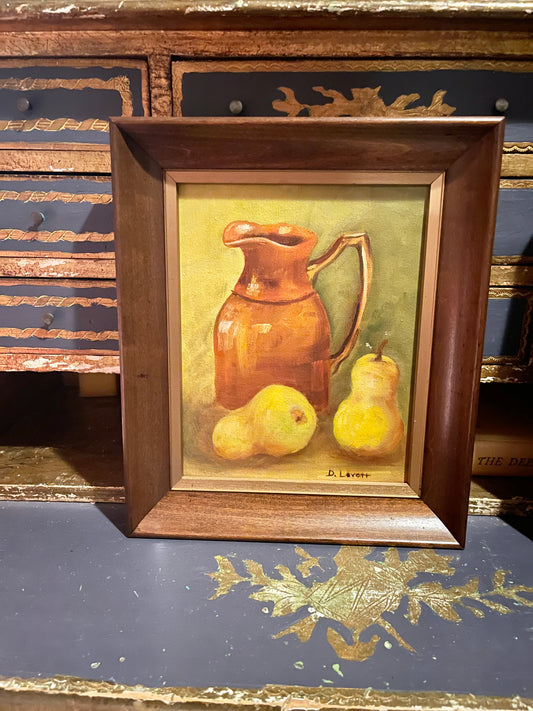 Vintage Pear and Copper Pitcher Still Life Painting