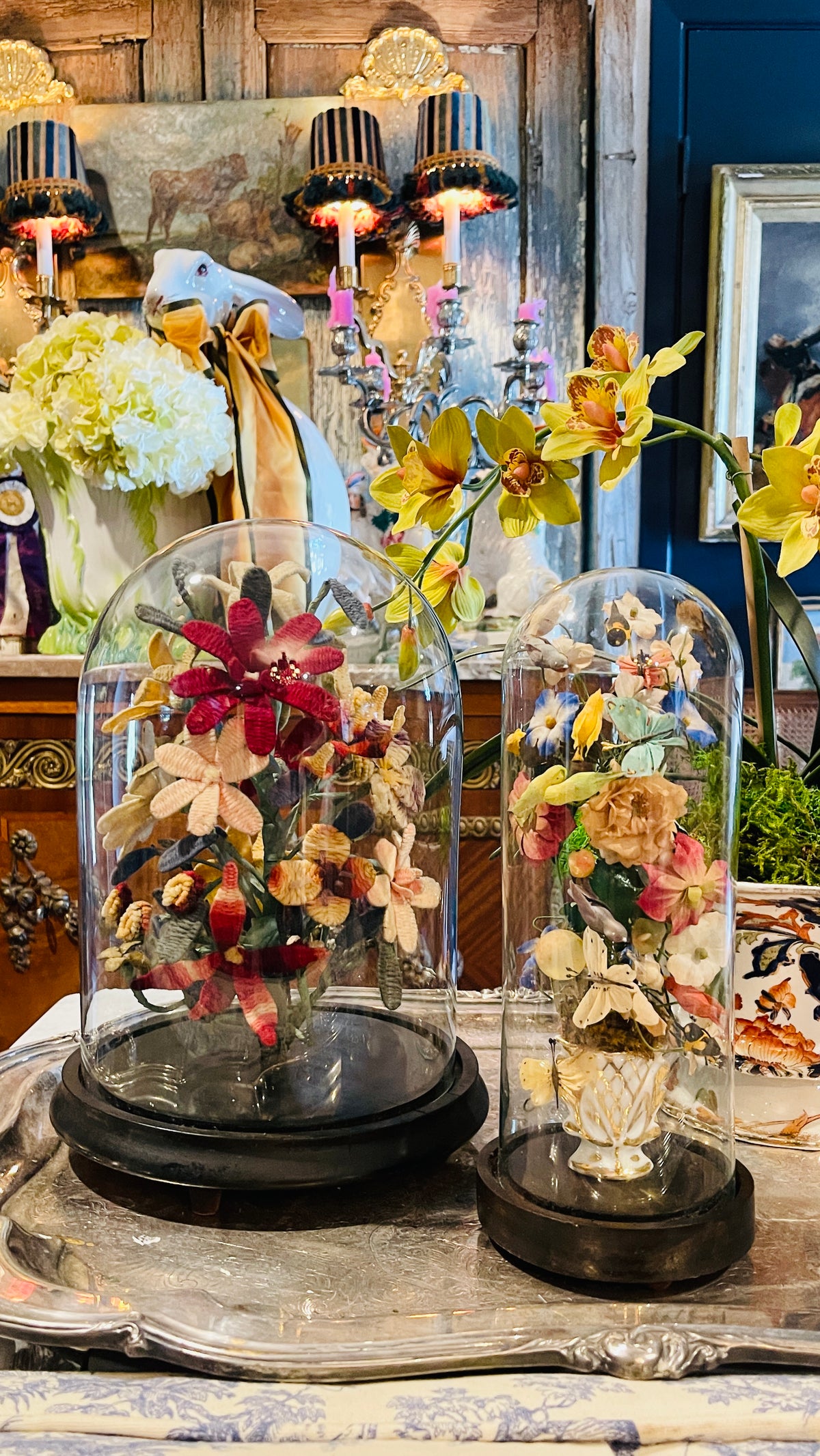 Antique Victorian Needlework Floral Bouquet Under Glass Cloche