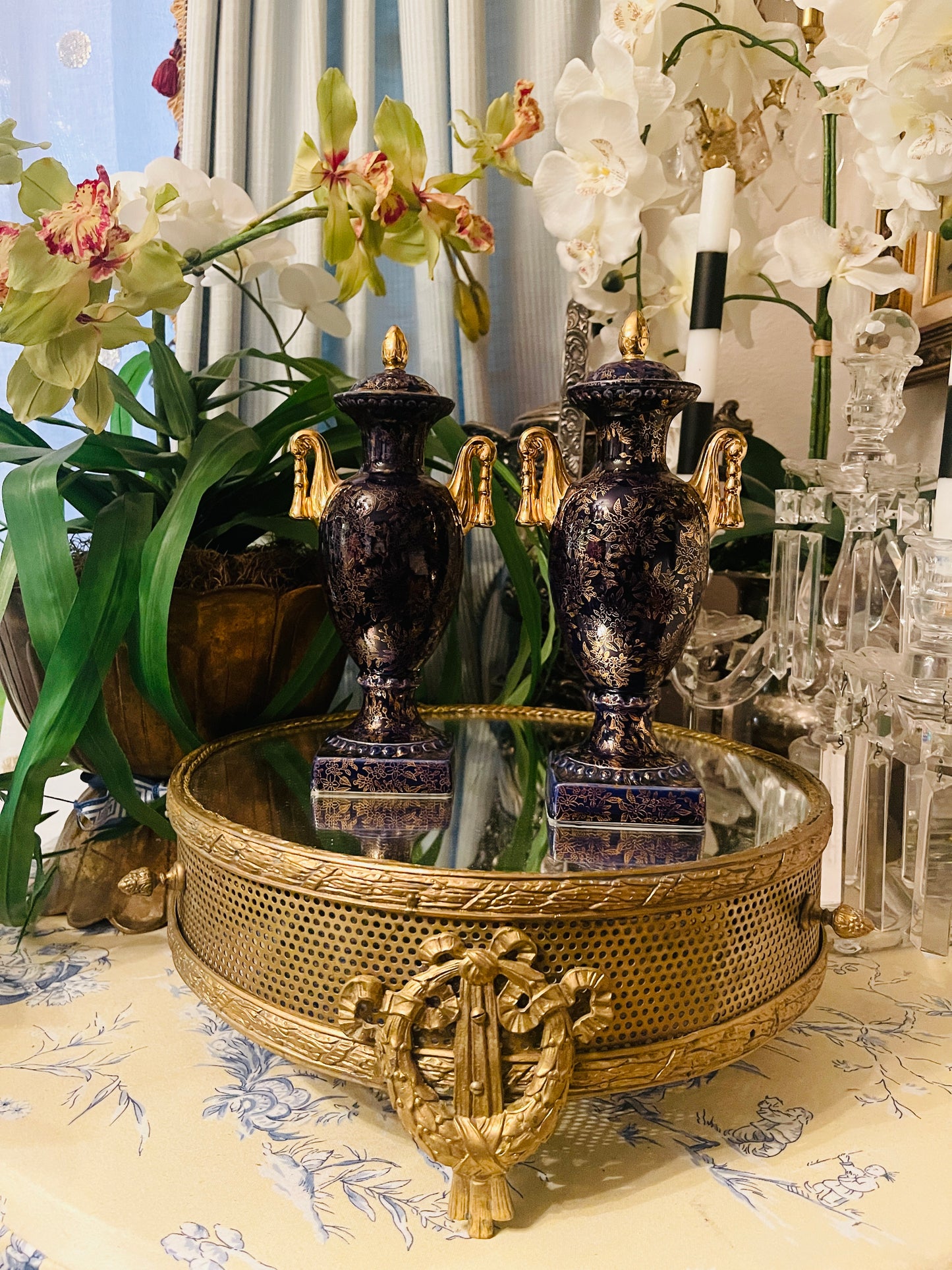 Vintage English Empire Ware Porcelain Urns – Neoclassical Gilt Transferware, Made in England