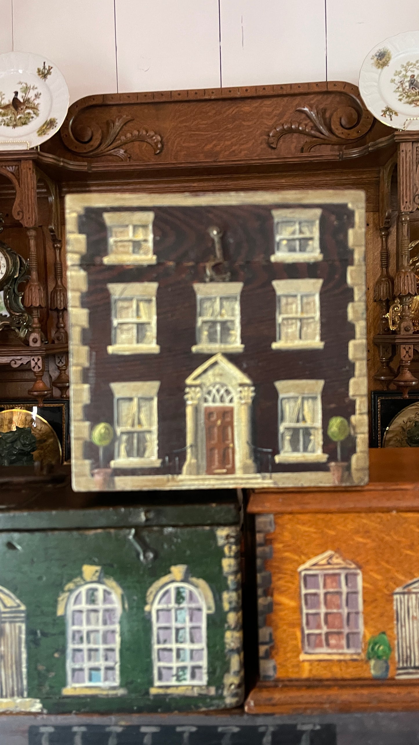 19th Century English Paint-Decorated Table Box with Topiaries, Georgian Townhouse Façade | English Folk Art Storage Box