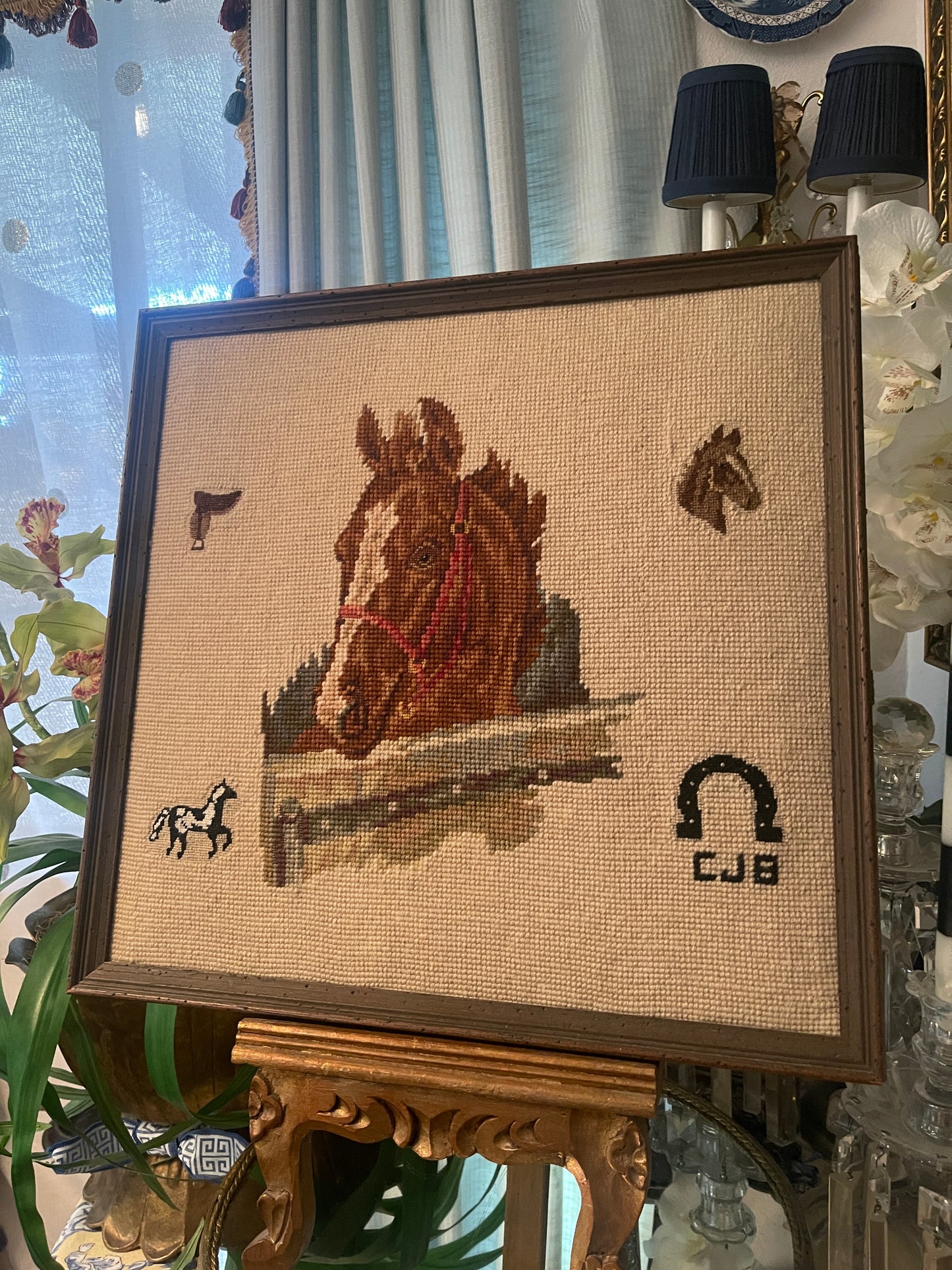 Vintage Western Horse Needlepoint, Framed Americana Ralph Lauren Style Equestrian Art