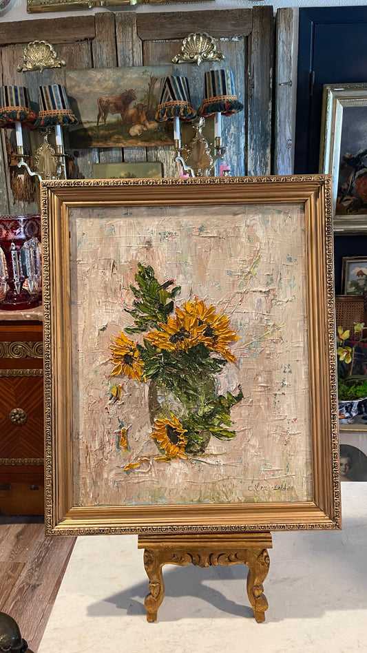 A Little Sunshine, A Lot of Texture — Artist-Signed Sunflower Painting in Gold Frame | 23” H × 19” W × 1” D