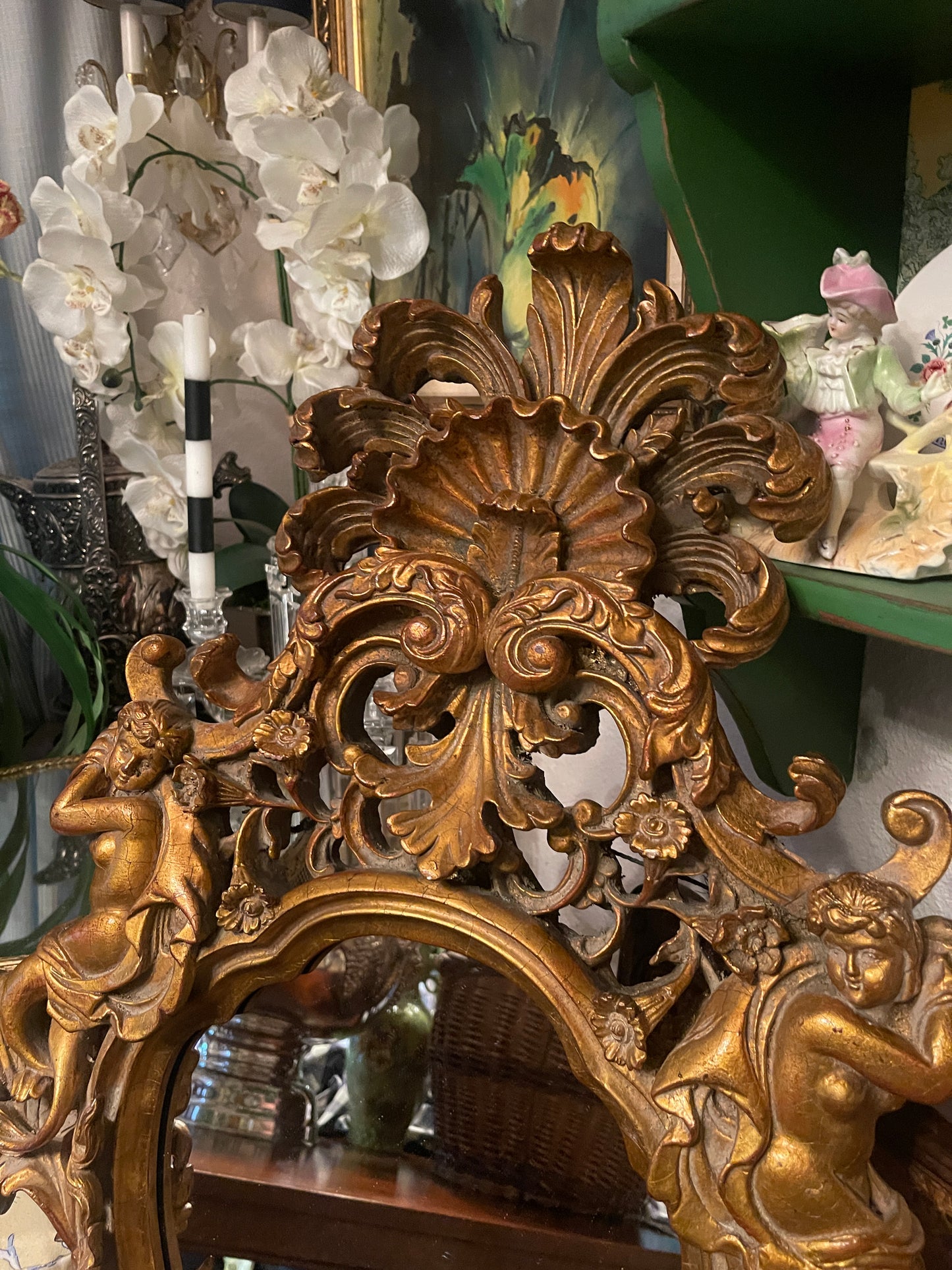 Monumental Neoclassical Rococo Giltwood Mirror with Figural Cornucopia Motifs