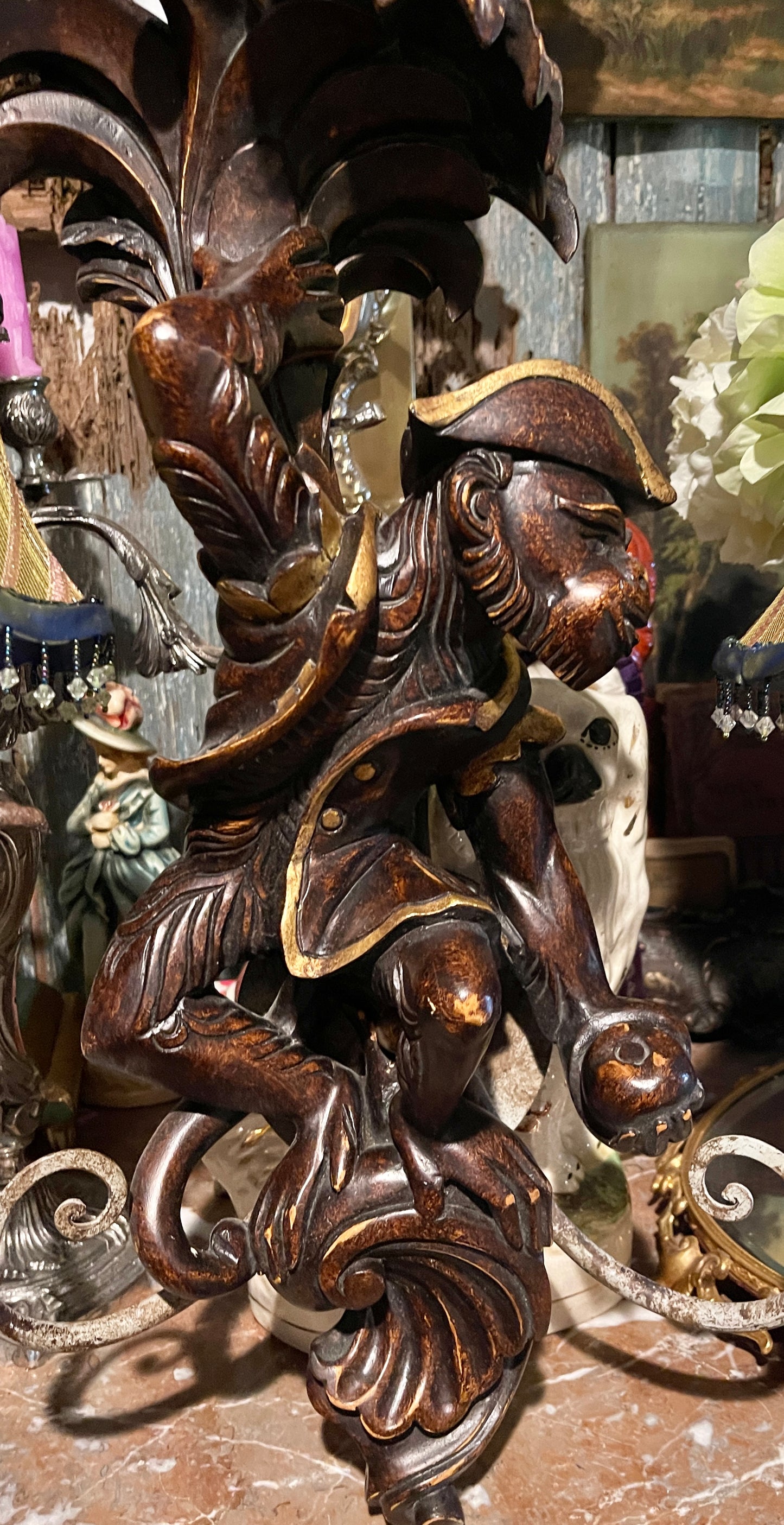 Pair of Vintage Carved Wood Monkey Sconces | Architectural Salvage Whimsical Lighting