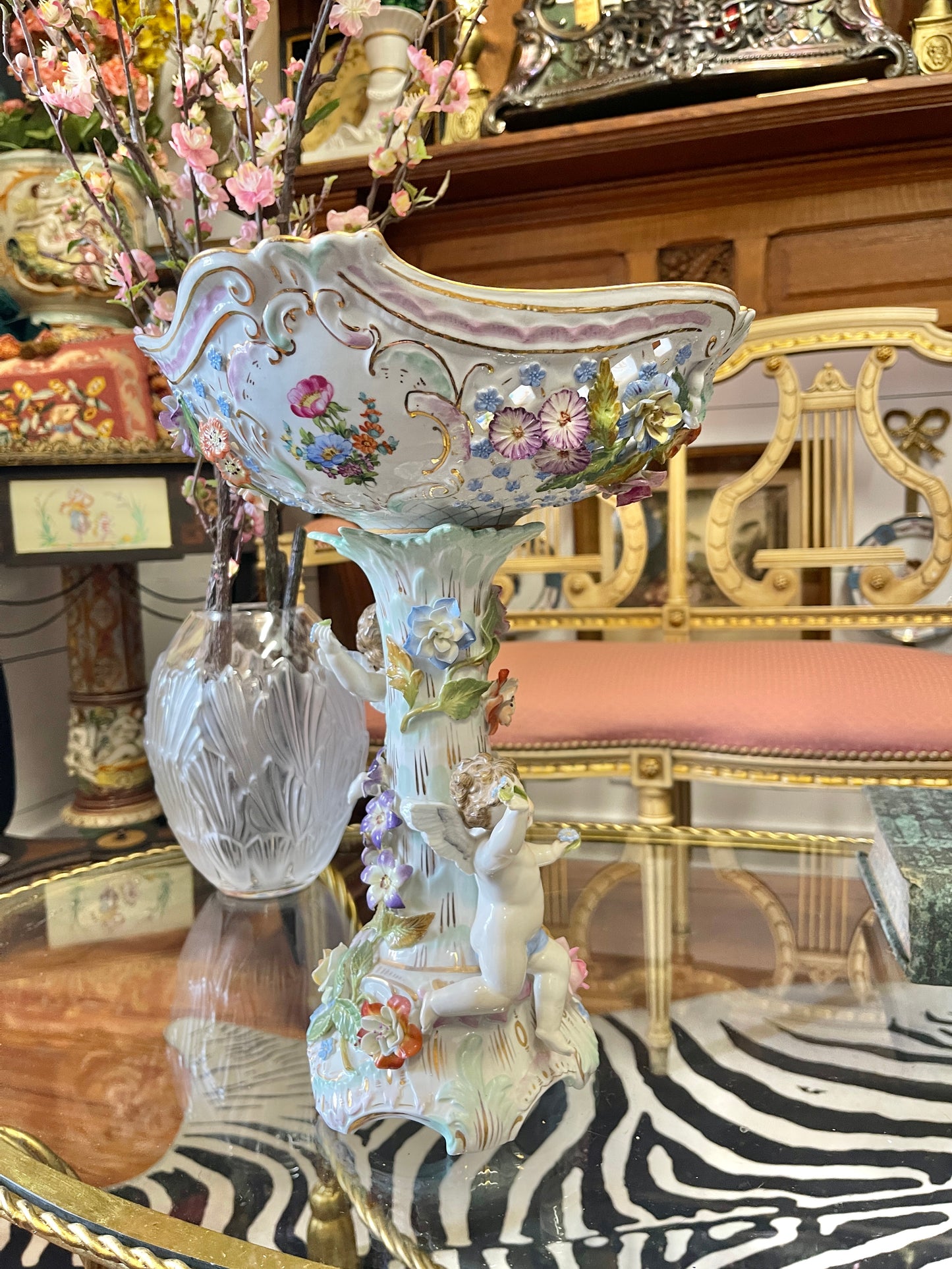 Antique Dresden Sitzendorf Figural Compote | 14” Rococo Cherub Centerpiece with Applied Flowers | c. 1900