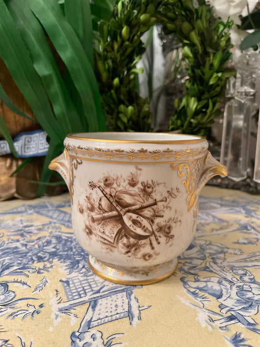 French LE TALLEC Cachepot, Brown and white with Gilt Detail, Shell Handles, Hand Painted