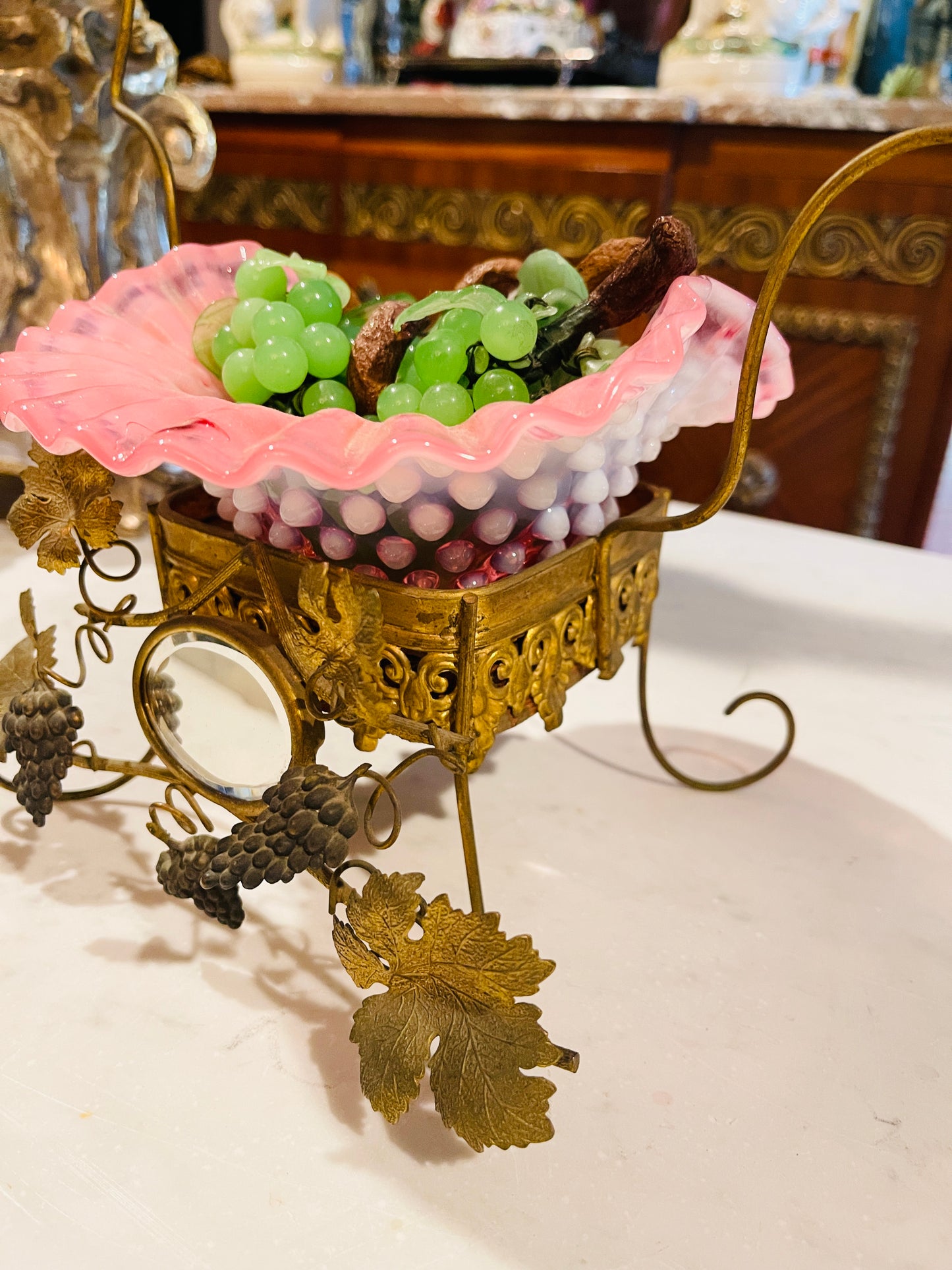 Victorian Grapevine Centerpiece with Mirrors & Bird Carrying Laurel Wreath | Antique Figural Epergne
