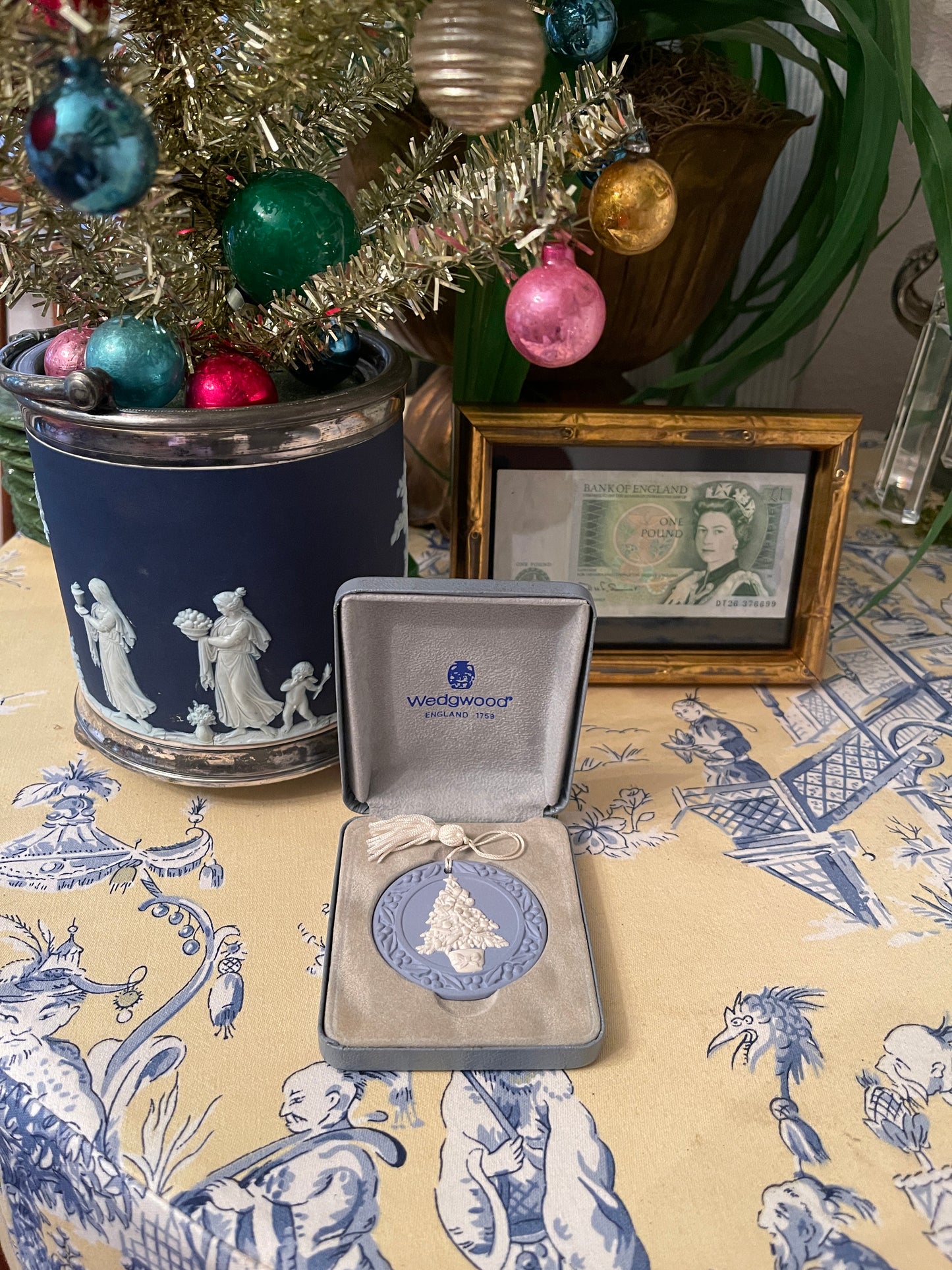 Annual Wedgwood Ornament, Jasperware, Blue and White Christmas Tree, Original Box