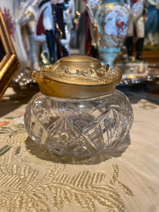 Cut Glass Powder Jar with Gold Tole Lid, Vintage