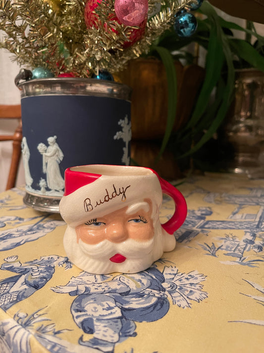 Vintage Santa Mug with ‘Buddy’ in Gold, Holiday Estate Decor