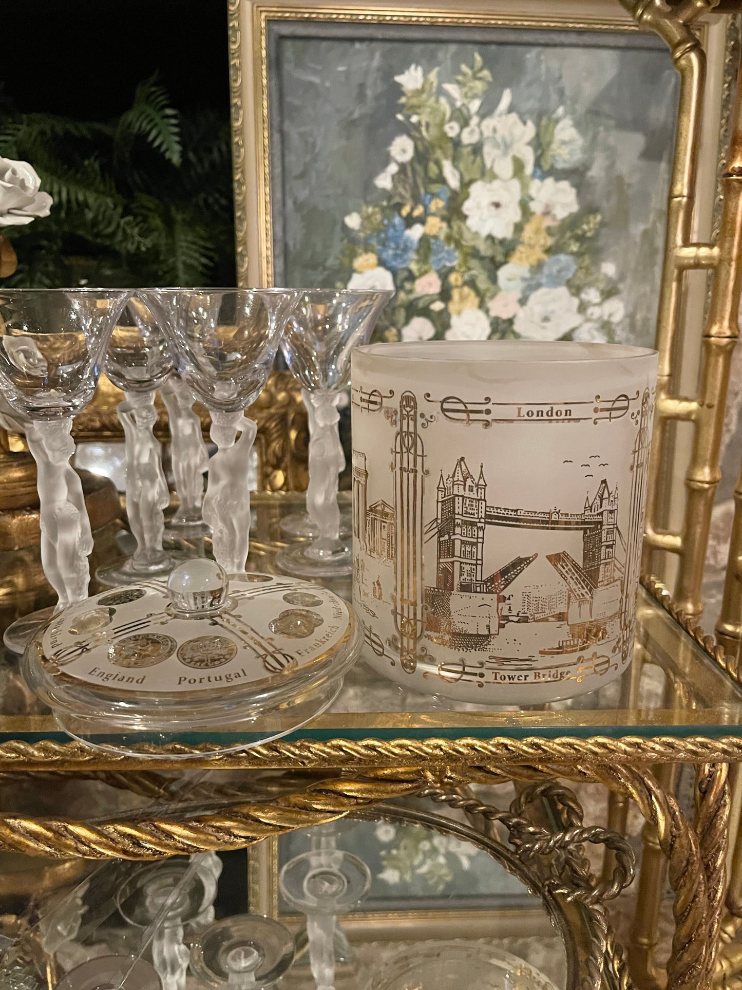Lebkuchen Schmidt Lidded Canister, Frosted Glass, Gilt Scenes from Paris and London