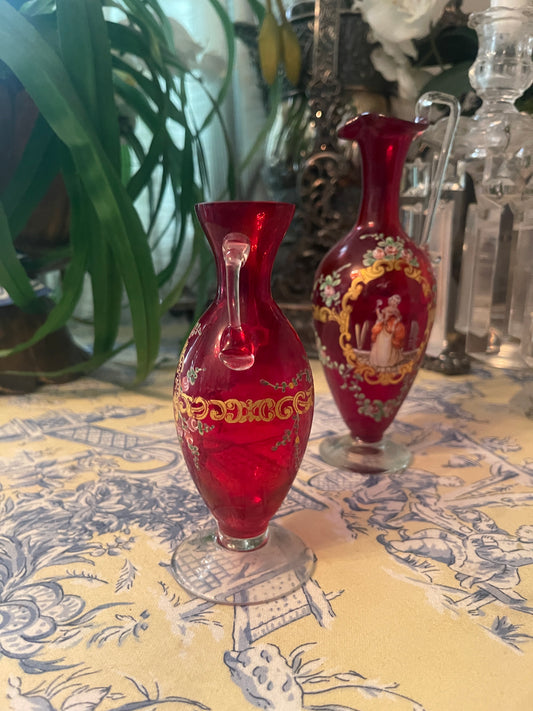 Antique Murano Ruby Red Double-Handled Vase with Hand-Painted Lady & Maritime Scene - Monte Vista Estate