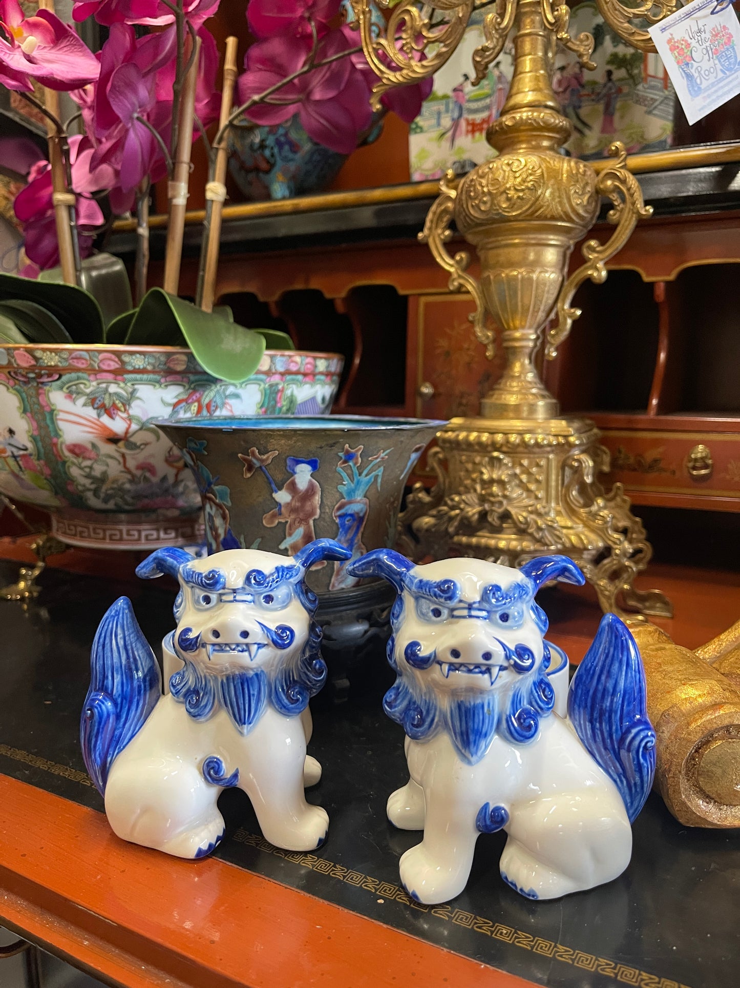 Blue and White Foo Dog Horchow Candle Holders | Chinoiserie Décor